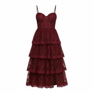 Lulu's Deep Burgundy Lace Tiered Midi Dress